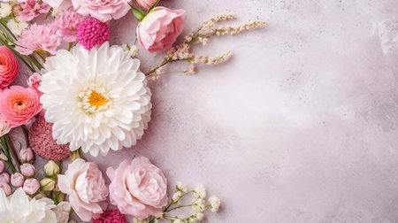 Flowers composition. Frame made of pink flowers on wooden background. Flat lay, top view, copy spaceの素材
