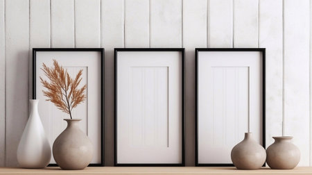 Three black frames with vases on wooden shelf. 3d renderの素材