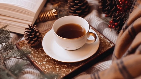 Cup of tea on the bed with Christmas decorations. Cozy winter concept.の素材