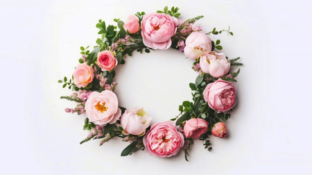 Flowers composition. Frame made of pink flowers on wooden background. Flat lay, top view, copy spaceの素材