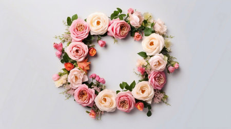 Flowers composition. Frame made of pink flowers on wooden background. Flat lay, top view, copy spaceの素材