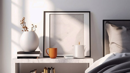 Interior of modern bedroom with white walls, concrete floor, comfortable king size bed, coffee table with books and mock up poster frame. 3d renderingの素材