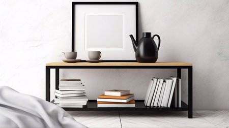 Modern interior with bookshelf, coffee cup and teapot. 3d renderの素材