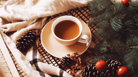 Cup of tea on the bed with Christmas decorations. Cozy winter concept.の素材