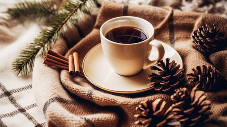 Cup of coffee with cinnamon and christmas decorations on plaidの素材