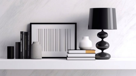Bookshelf with books, lamp and vase on white wall. 3d renderingの素材