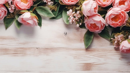 Flowers composition. Frame made of pink flowers on wooden background. Flat lay, top view, copy spaceの素材
