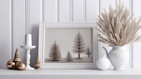 White shelf with mock up photo frame, vase with pampas grass and candles. 3d rendering. Christmas background.の素材