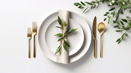 Festive table setting with golden cutlery and olive branch on light backgroundの素材