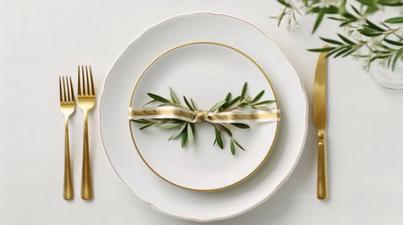 Festive table setting with golden cutlery and olive branch on light backgroundの素材