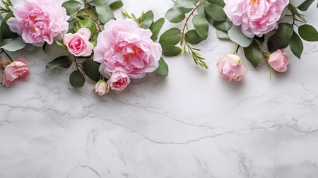 Flowers composition. Pink roses, eucalyptus branches on white marble background. Flat lay, top view, copy spaceの素材