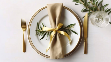 Festive table setting with golden cutlery and olive branch on light backgroundの素材
