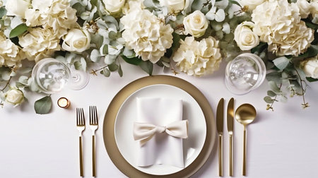 Elegant table setting with white roses and golden cutleryの素材