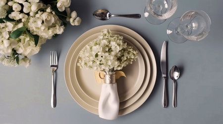 Festive table setting with white flowers and cutlery, top viewの素材