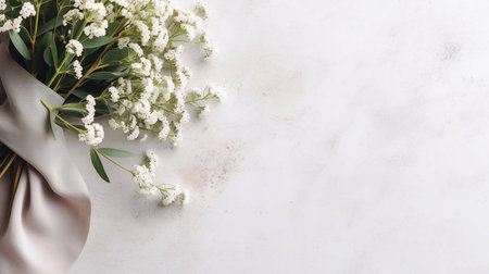 Flowers composition. Eucalyptus, gypsophila in vasele background. Flat lay, top view, copy spaceの素材