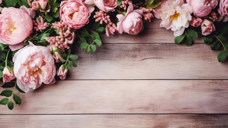 Beautiful pink peony flowers on wooden background. Flat lay, top viewの素材