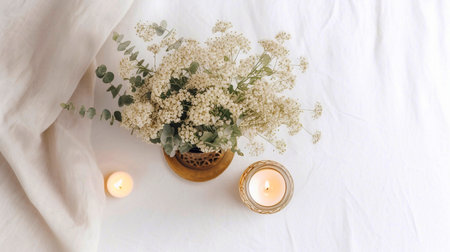Bouquet of gypsophila flowers in a vase and burning candles on the bed.の素材