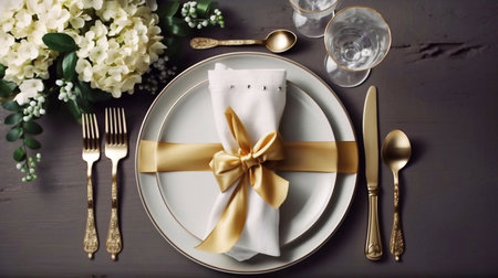 Table setting with white plates, golden cutlery and flowers on wooden tableの素材