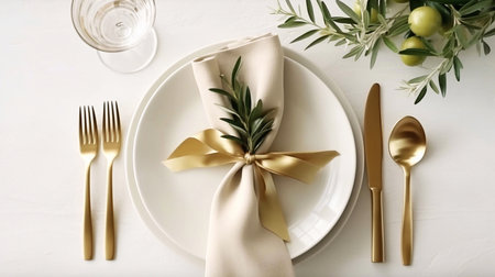 Beautiful table setting with golden cutlery and olive branch on light backgroundの素材