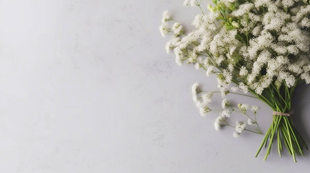 Bouquet of white gypsophila flowers on a light background. Flat lay, top viewの素材
