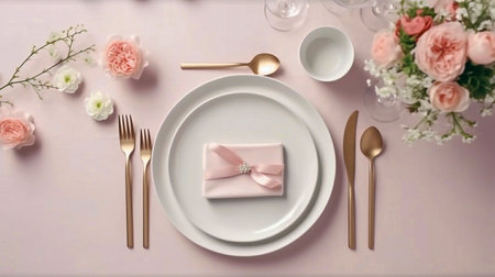 Wedding table setting with cutlery and flowers on pink backgroundの素材
