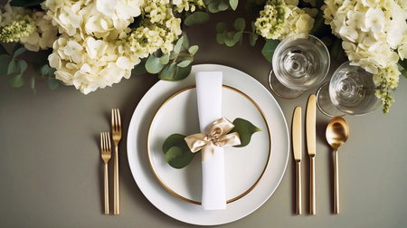 Elegant table setting with white flowers and golden cutleryの素材