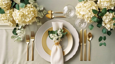 Elegant table setting with white hydrangea flowers on tableの素材