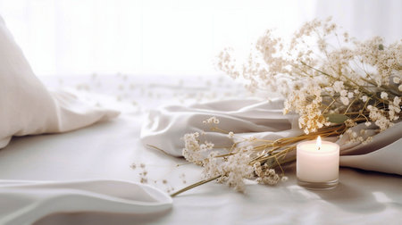 Wedding decoration with candles and flowers on a white table.の素材