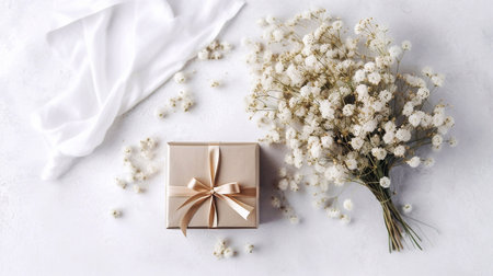 Gift box with golden ribbon and gypsophila flowers on white background. Flat lay, top viewの素材