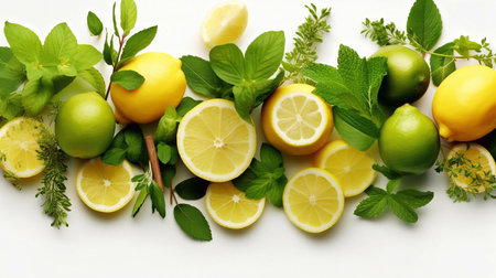 Juicy ripe yellow lemons, lime green leaves on white isolated background. Creative food concept. Tropical organic fruit, citrus, vitamin C. Lemon slices. Summer minimalistic brightの素材