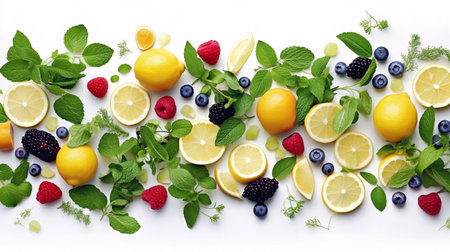 Fresh lemons and strawberries with mints overhead view - flat layの素材