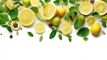 Juicy ripe yellow lemons, lime green leaves on white isolated background. Creative food concept. Tropical organic fruit, citrus, vitamin C. Lemon slices. Summer minimalistic brightの素材