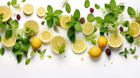 Juicy ripe yellow lemons, lime green leaves on white isolated background. Creative food concept. Tropical organic fruit, citrus, vitamin C. Lemon slices. Summer minimalistic brightの素材