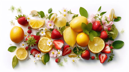 Fresh lemons and strawberries with mints overhead view - flat layの素材