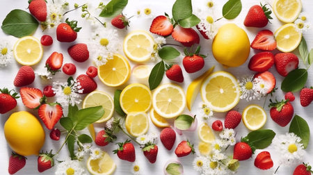 Fresh lemons and strawberries with mints overhead view - flat layの素材
