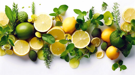 Juicy ripe yellow lemons, lime green leaves on white isolated background. Creative food concept. Tropical organic fruit, citrus, vitamin C. Lemon slices. Summer minimalistic brightの素材