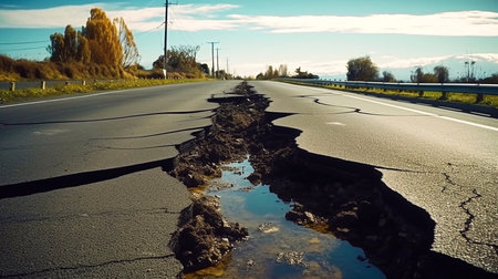 Large cracks on asphalt road after earthquake. Damaged roadの素材