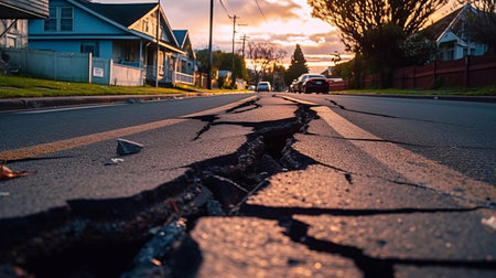 Large cracks on asphalt road after earthquake. Damaged roadの素材