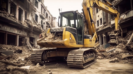 Demolition of buildings with Excavator on the street after the earthquakeの素材