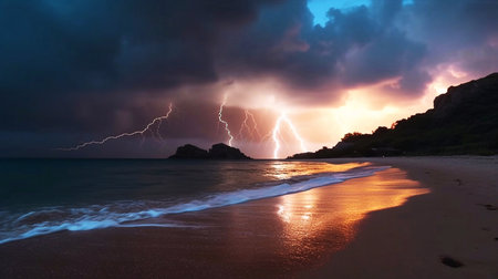 Tropical storm with powerful and dangerous lightning strikes in the cloudy sky and stormy ocean. Natural disasters caused by the climate change.の素材