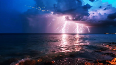 Tropical storm with powerful and dangerous lightning strikes in the cloudy sky and stormy ocean. Natural disasters caused by the climate change.の素材