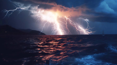 Tropical storm with powerful and dangerous lightning strikes in the cloudy sky and stormy ocean. Natural disasters caused by the climate change.の素材