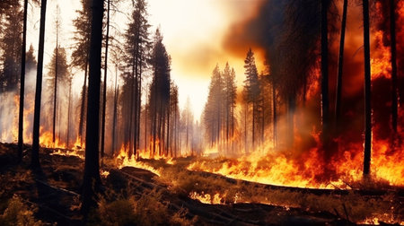Wildfire burns ground in forestの素材