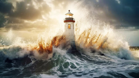 Lighthouse In Stormy Landscape. Lighthouse in storm with big waves of tsunamiの素材