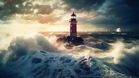 Lighthouse In Stormy Landscape. Lighthouse in storm with big waves of tsunamiの素材