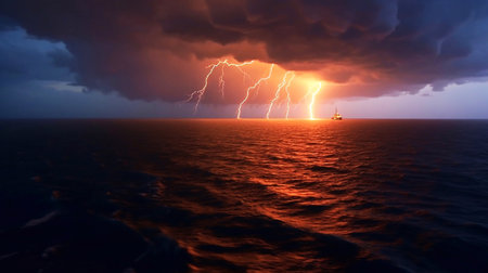 Tropical storm with powerful and dangerous lightning strikes in the cloudy sky and stormy ocean. Natural disasters caused by the climate change.の素材