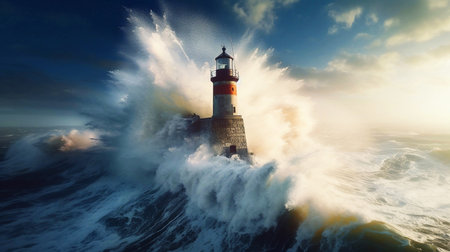 Lighthouse In Stormy Landscape. Lighthouse in storm with big waves of tsunamiの素材