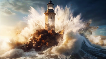 Lighthouse In Stormy Landscape. Lighthouse in storm with big waves of tsunamiの素材