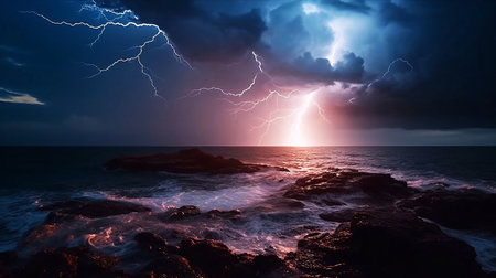 Tropical storm with powerful and dangerous lightning strikes in the cloudy sky and stormy ocean. Natural disasters caused by the climate change.の素材