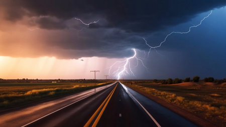 Extreme weather conditions. An empty landscape with a road leading into a powerful thunderstorm with lightning strikes. Photo composition.の素材